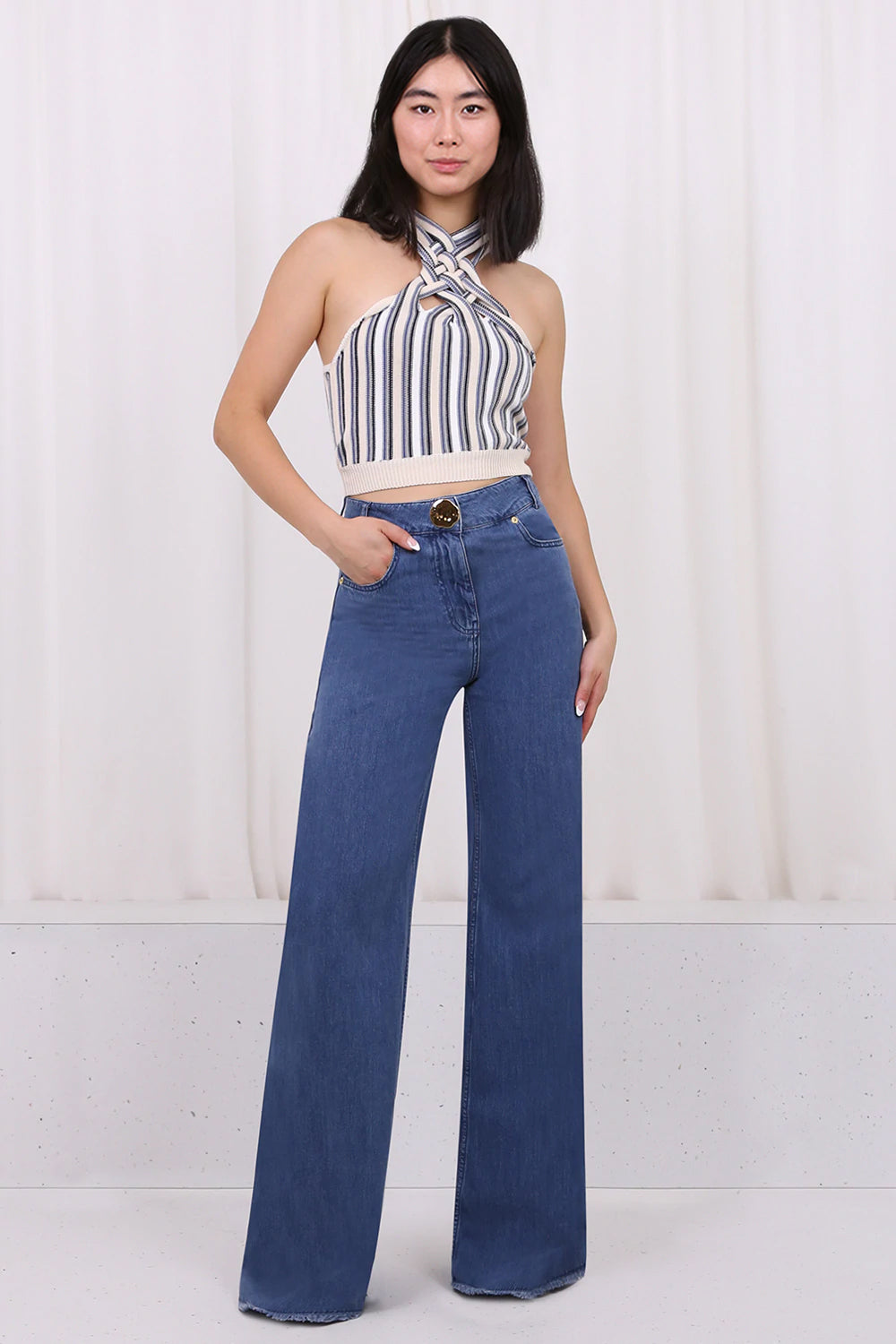 Y/PROJECT TOPS BRAIDED KNIT TOP S/LESS BLUE/CREAM